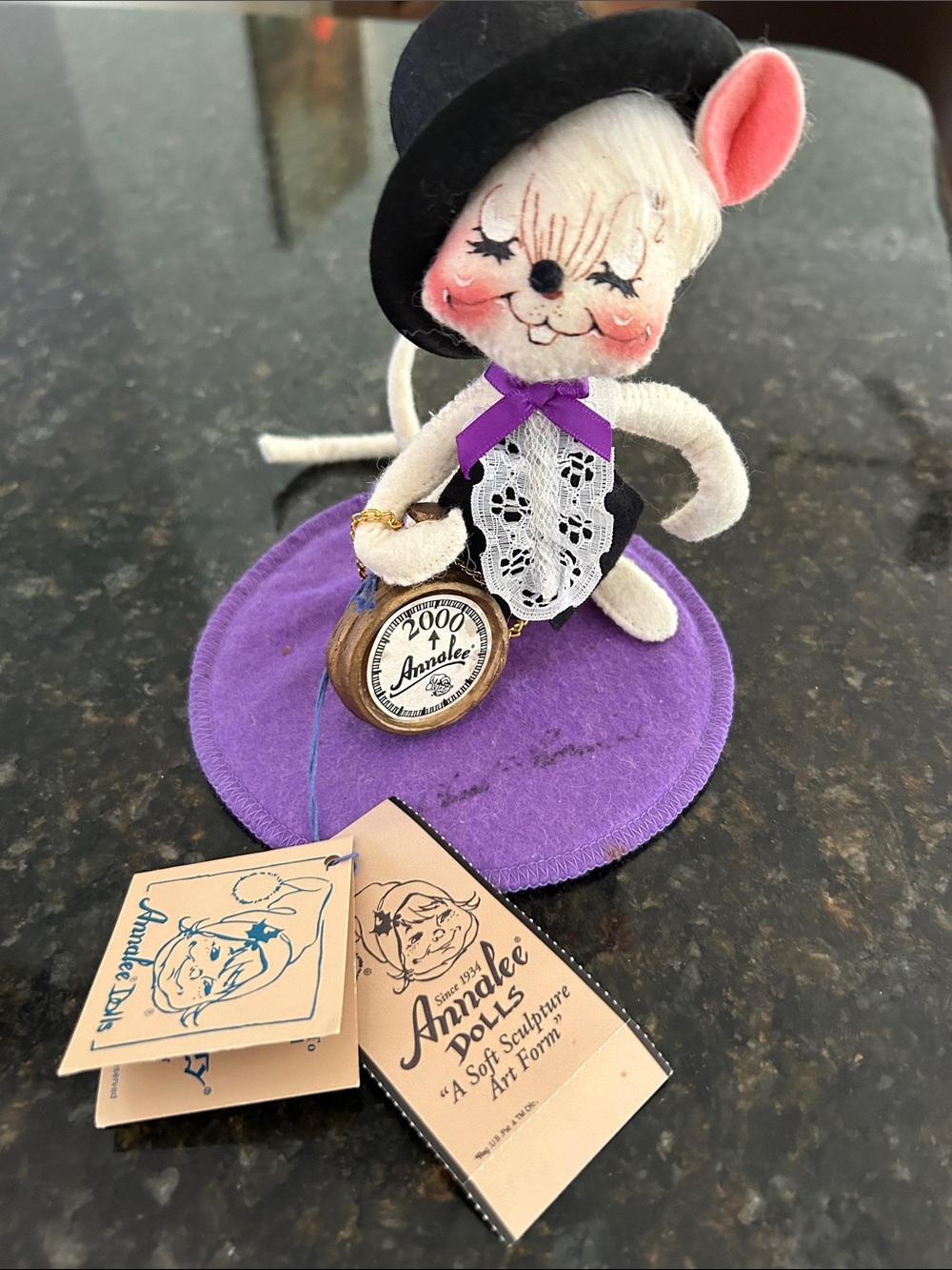 Annalee White Mouse Figurine with Black Top Hat and Purple Base